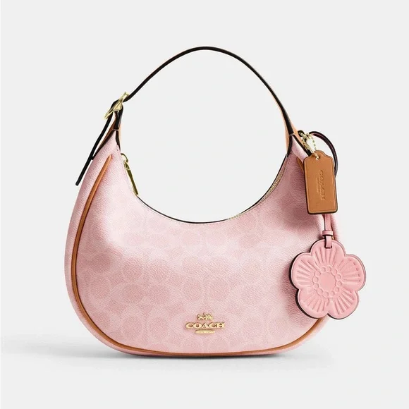 NWT Coach Pink Signature Canvas Hobo Shoulder Bag CDW86 with Flower Charm - Picture 1 of 11